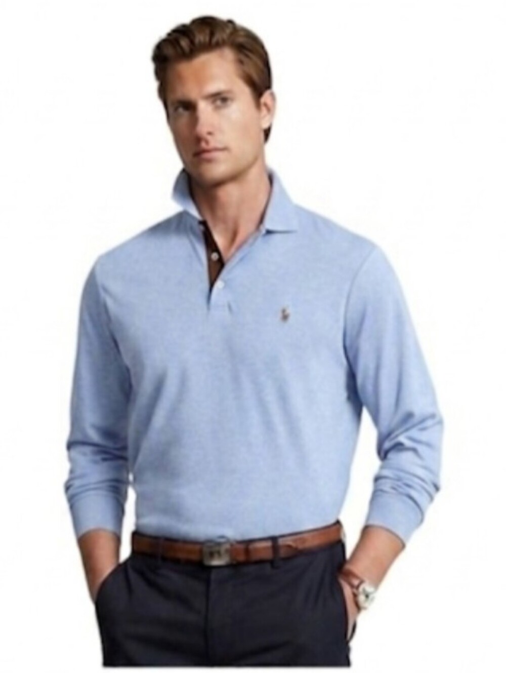 Polo By Ralph Lauren - pale blue with rust accents, logoed, long sleeves, XL